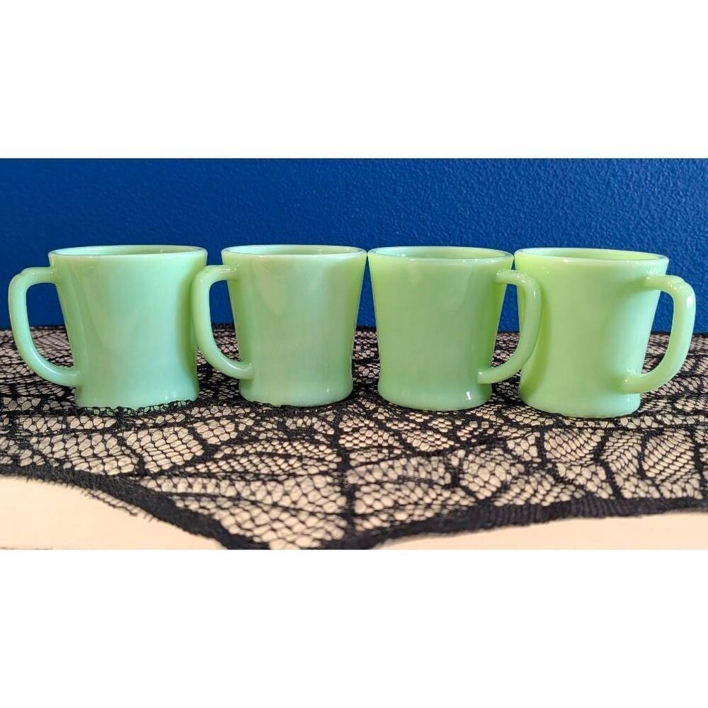 Fire King Jadeite D Handle Diner Mugs Oven Ware Stamped Made in USA Set of 4